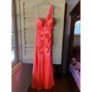 Xscape asymmetric neon coral ruched mermaid gown
